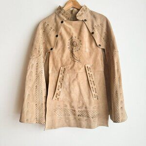 Vintage Suede beige Hand Tooled Short Boho Cape w pockets S